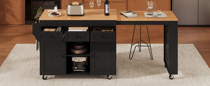 K&K 85.5" Kitchen Island with Extendable Dining Table, Kitchen Storage Table with 3 Side Open Shelves, Rolling Kitchen Island with Power Outlet