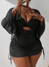 Women's Plus Size Sexy 4 Piece Swimsuits Halter Bikini Sets With Drawstring Long Sleeve Cover Up Bathing (Option: 4xl)
