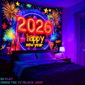 2D Flat, 2026 New Year Fluorescent Tapestry Wall Hanging - Vertical Glow-in-the-Dark Party Decor with Happy New Year Theme Print (size: 80*60in)